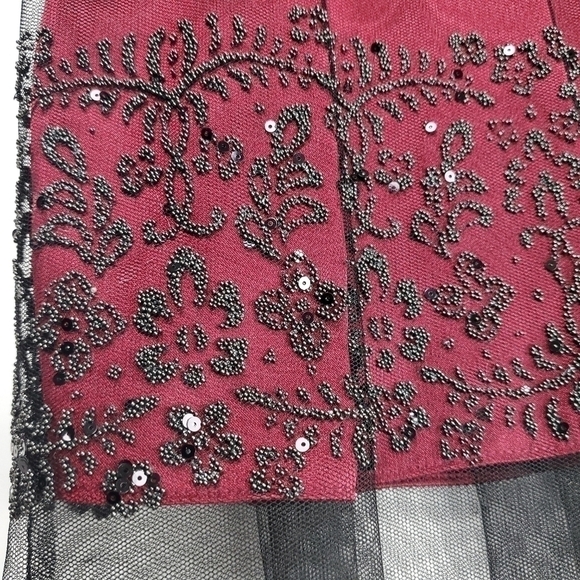 Adrianna Papell Red Wine Black Sheer Embroidered Full Pleated Skirt Sz 4 - Picture 5 of 10